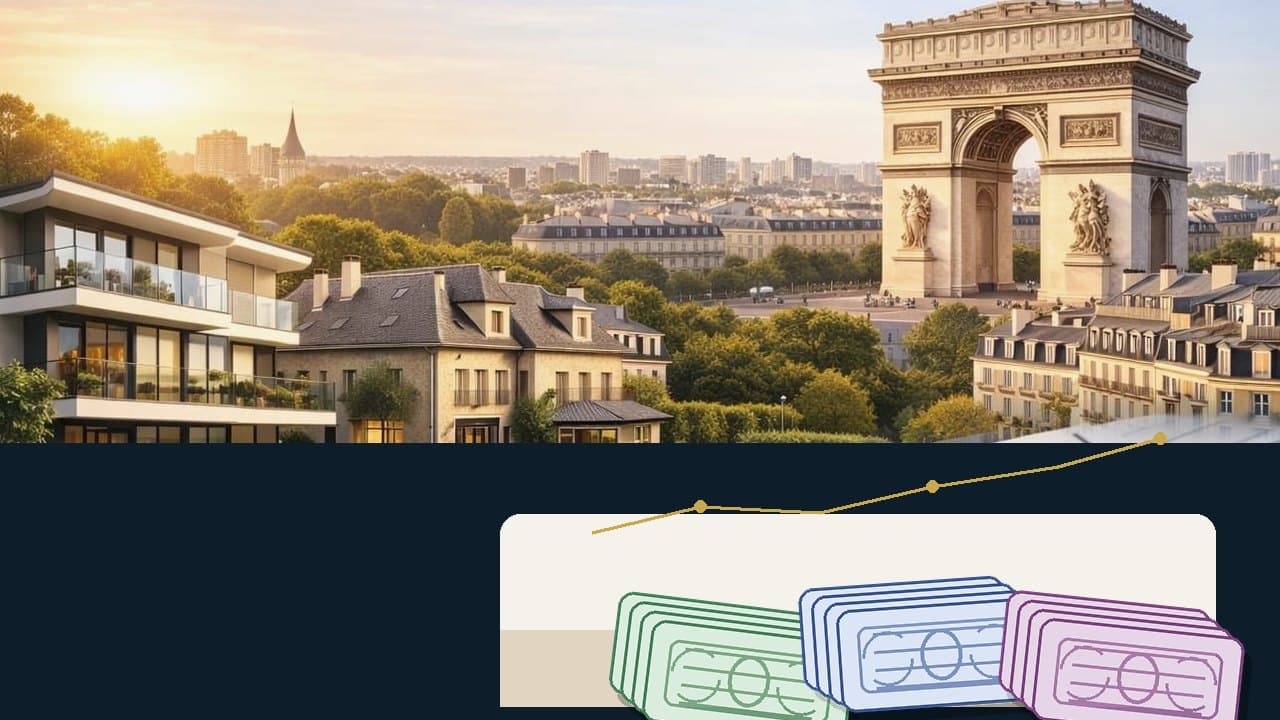 Villa background with stylized euro, dollar and pound note stacks