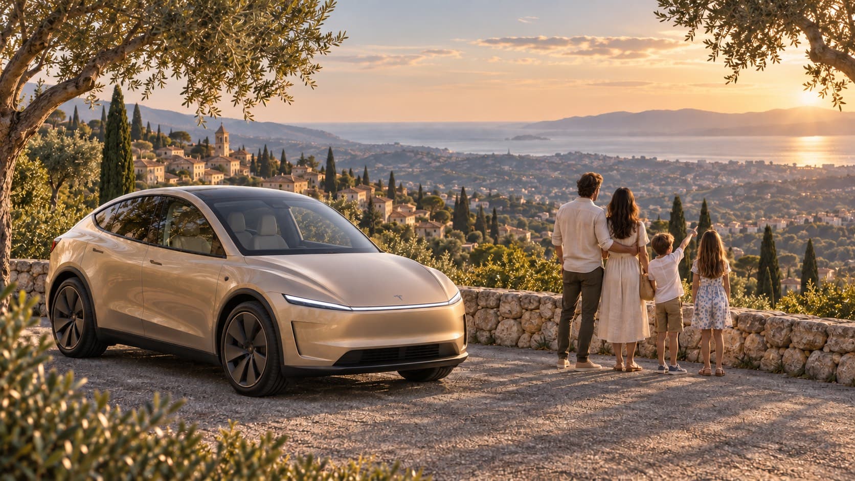 A gold Tesla Cybercab beside olive trees in the hills around Grasse, overlooking the French Riviera.