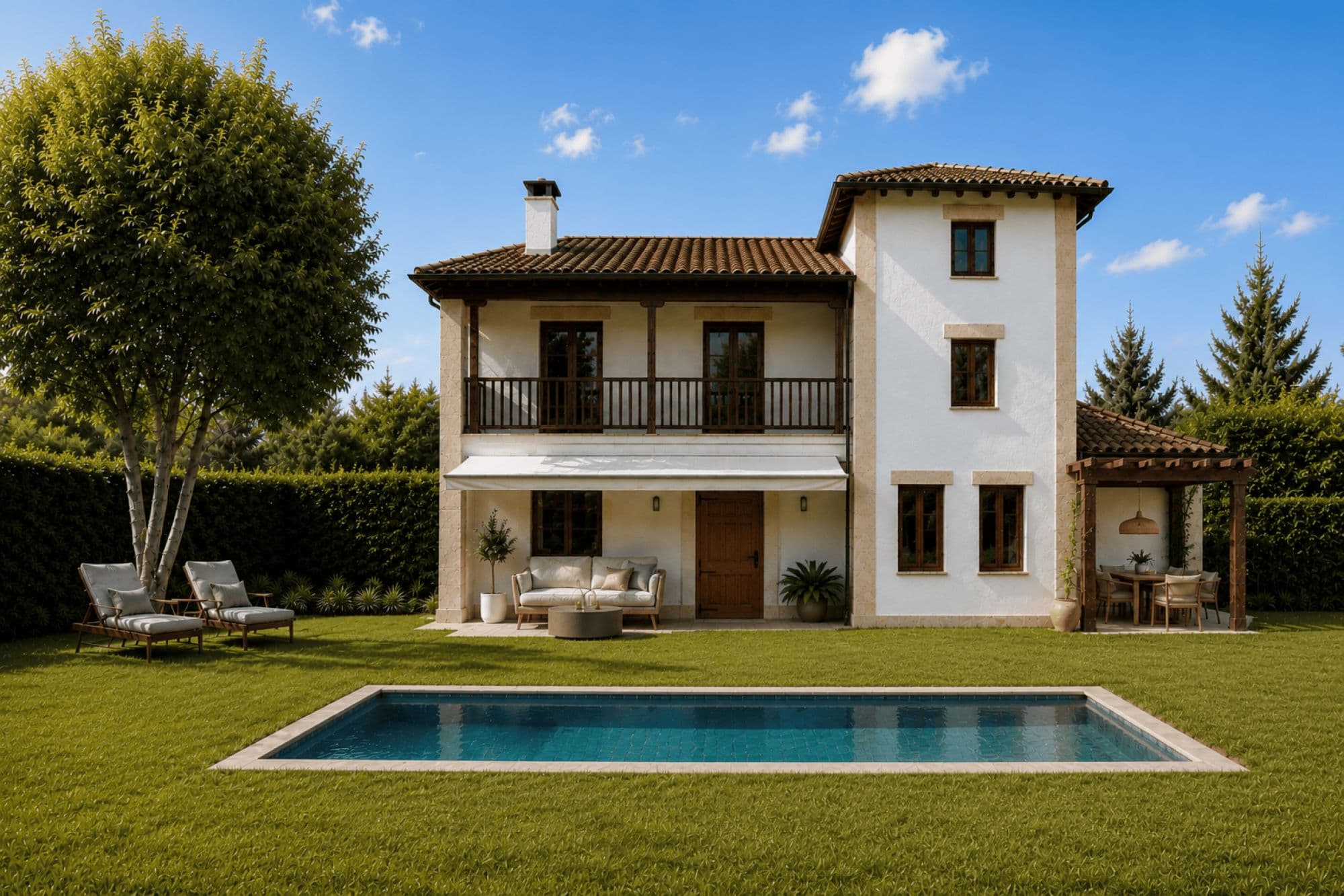 Traditional white house with a private pool and broad green lawn in Ruiloba, Cantabria