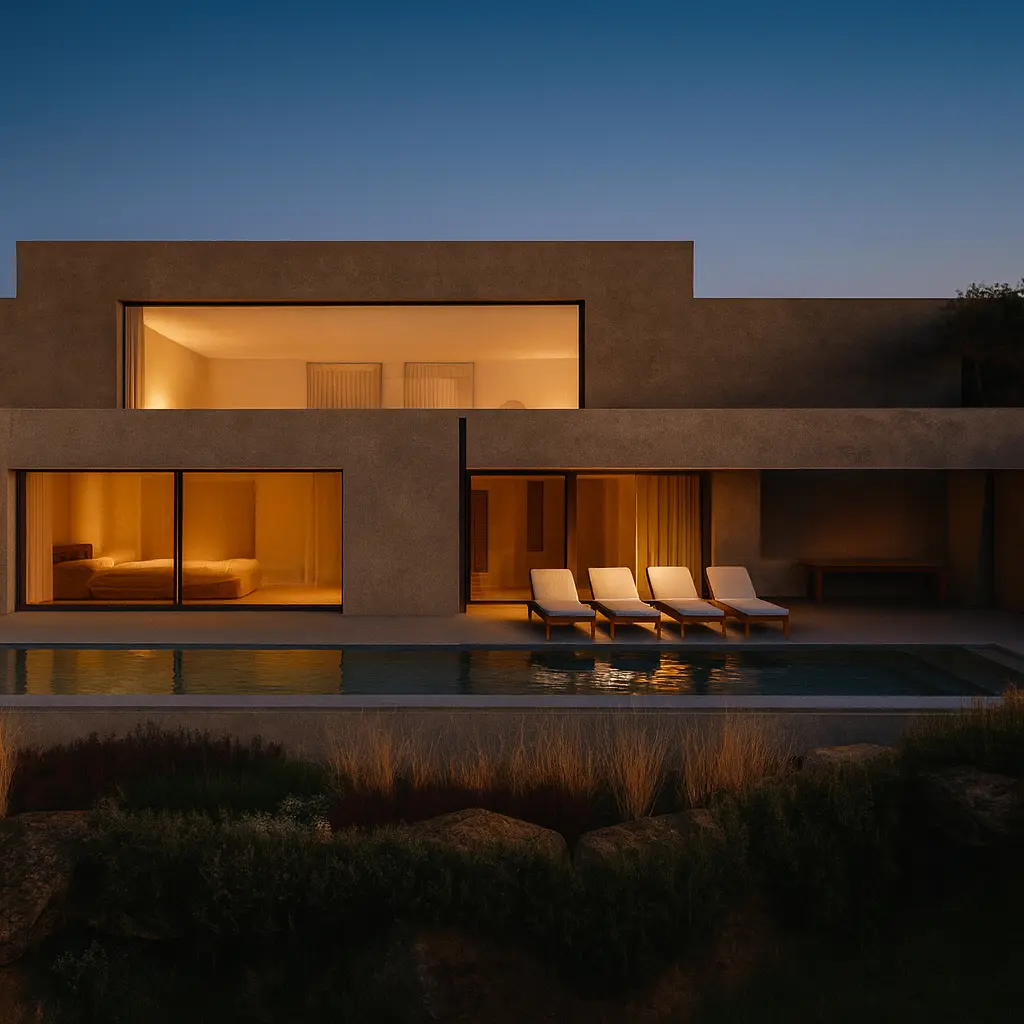 modern villa pool sunset