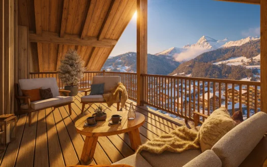 chalet terrace views snow mountain