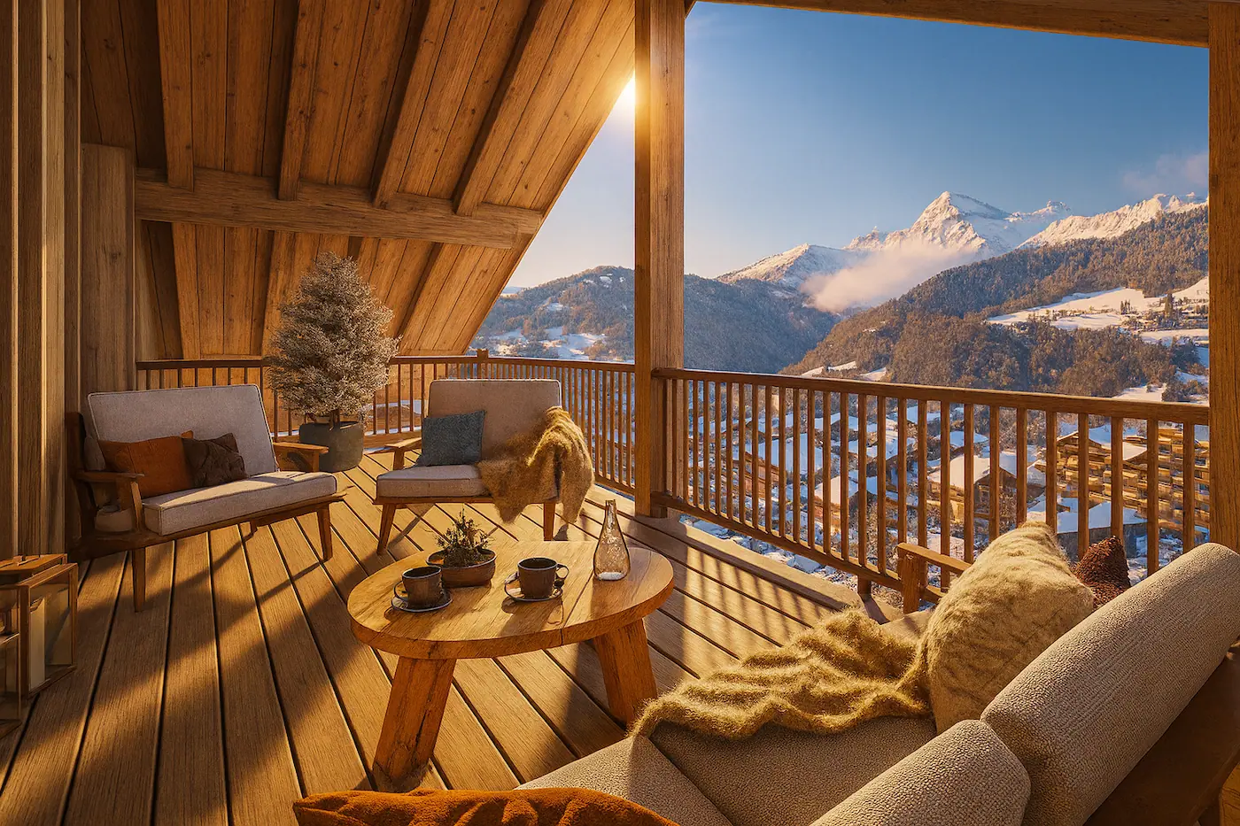 chalet terrace views snow mountain