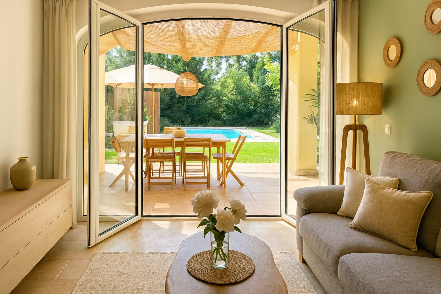 Fractional ownership Grimaud, south of France. View of the garden from the living room