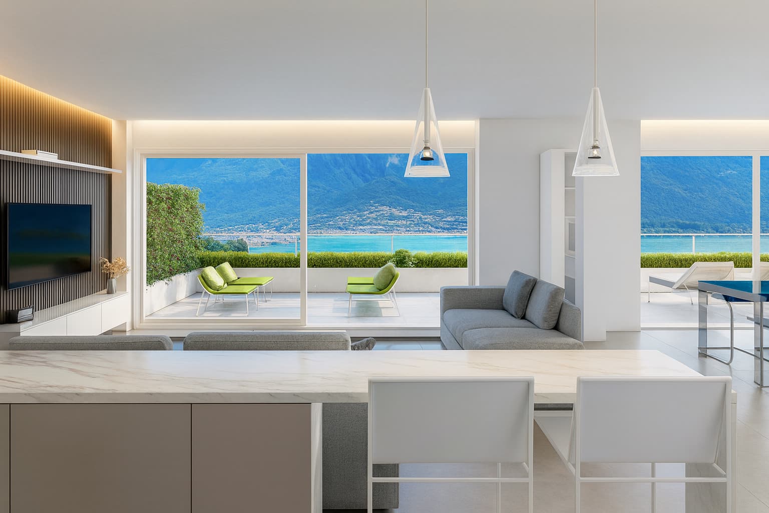 Fractional ownership Lake Como image of the living room overlooking the terrace and the lake