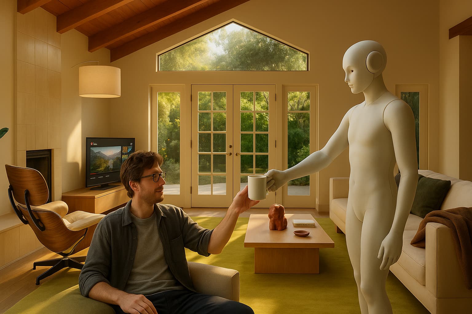 Humanoid robot serving a hot latte at home