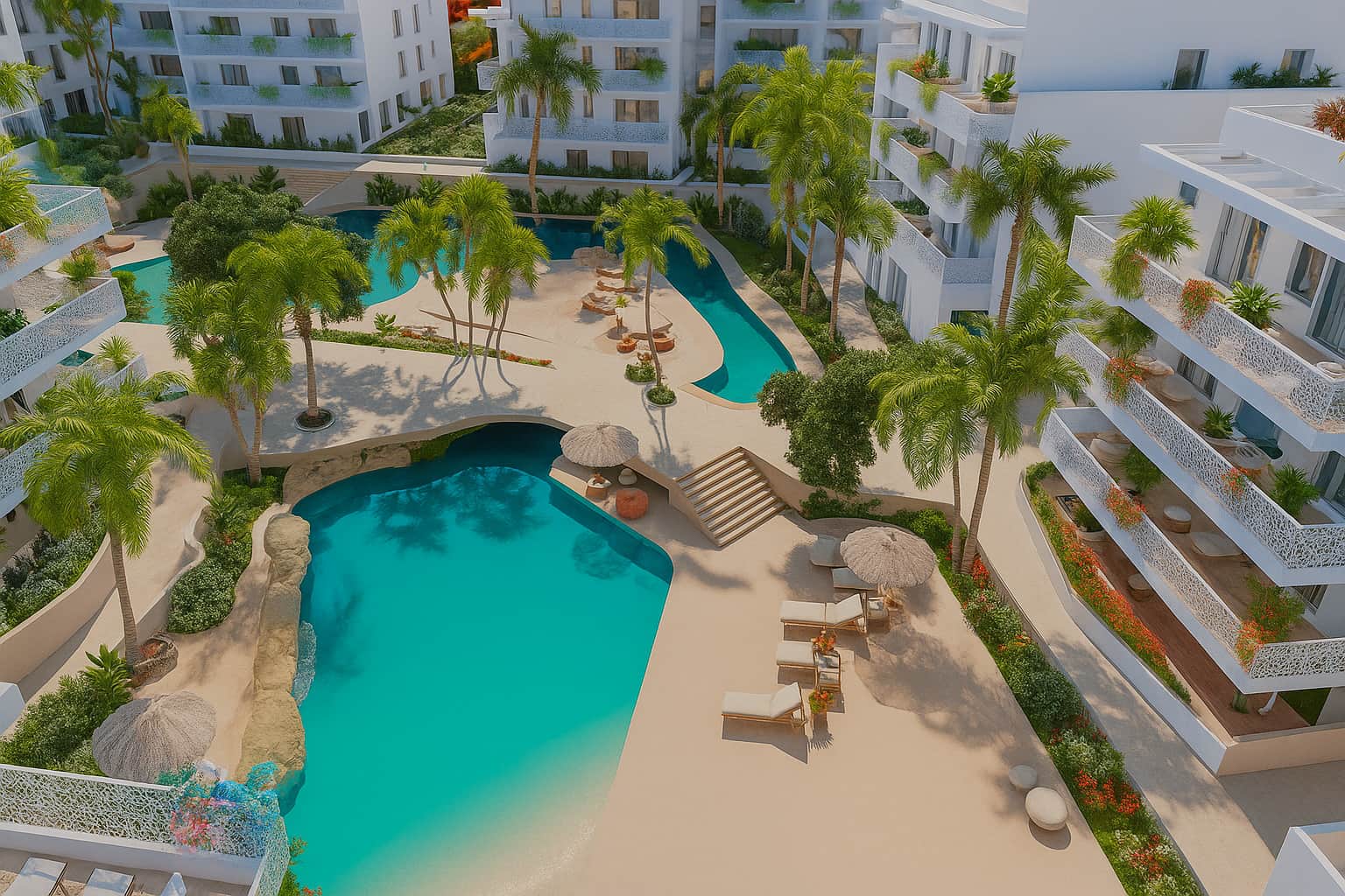 ibiza new build resort, view of the pools, fractional ownership