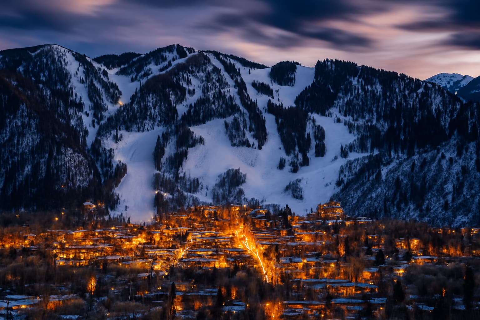 Aspen fractional ownership view of the resort at night with the mountains behind