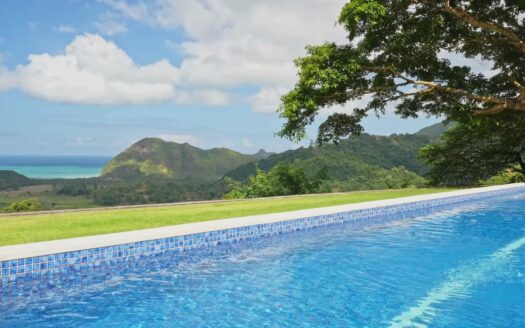 Infinity pool overlooking tropical mountains and Caribbean sea at a luxury fractional ownership villa