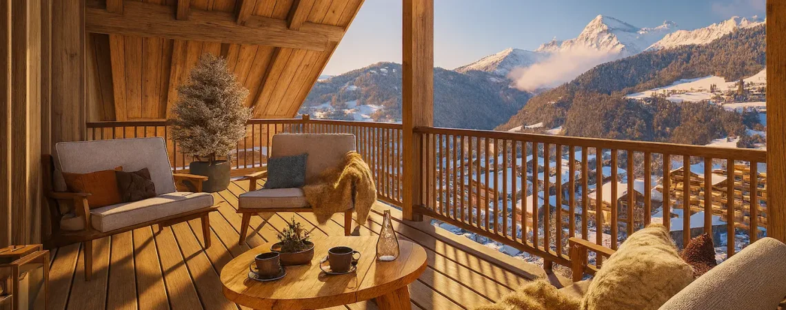 chalet terrace views snow mountain